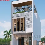 Phối cảnh góc nghiêng phải mẫu nhà ống 3 tầng mái bằng hiện đại có hệ lam gỗ thông minh mặt tiền.