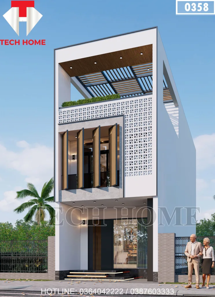 Phối cảnh góc nghiêng phải mẫu nhà ống 3 tầng mái bằng hiện đại có hệ lam gỗ thông minh mặt tiền.