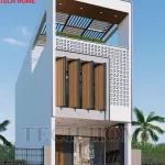Góc nghiêng kiến trúc mảng khối của mẫu nhà ống 3 tầng mái bằng hiện đại lô phố mặt tiền 5m.