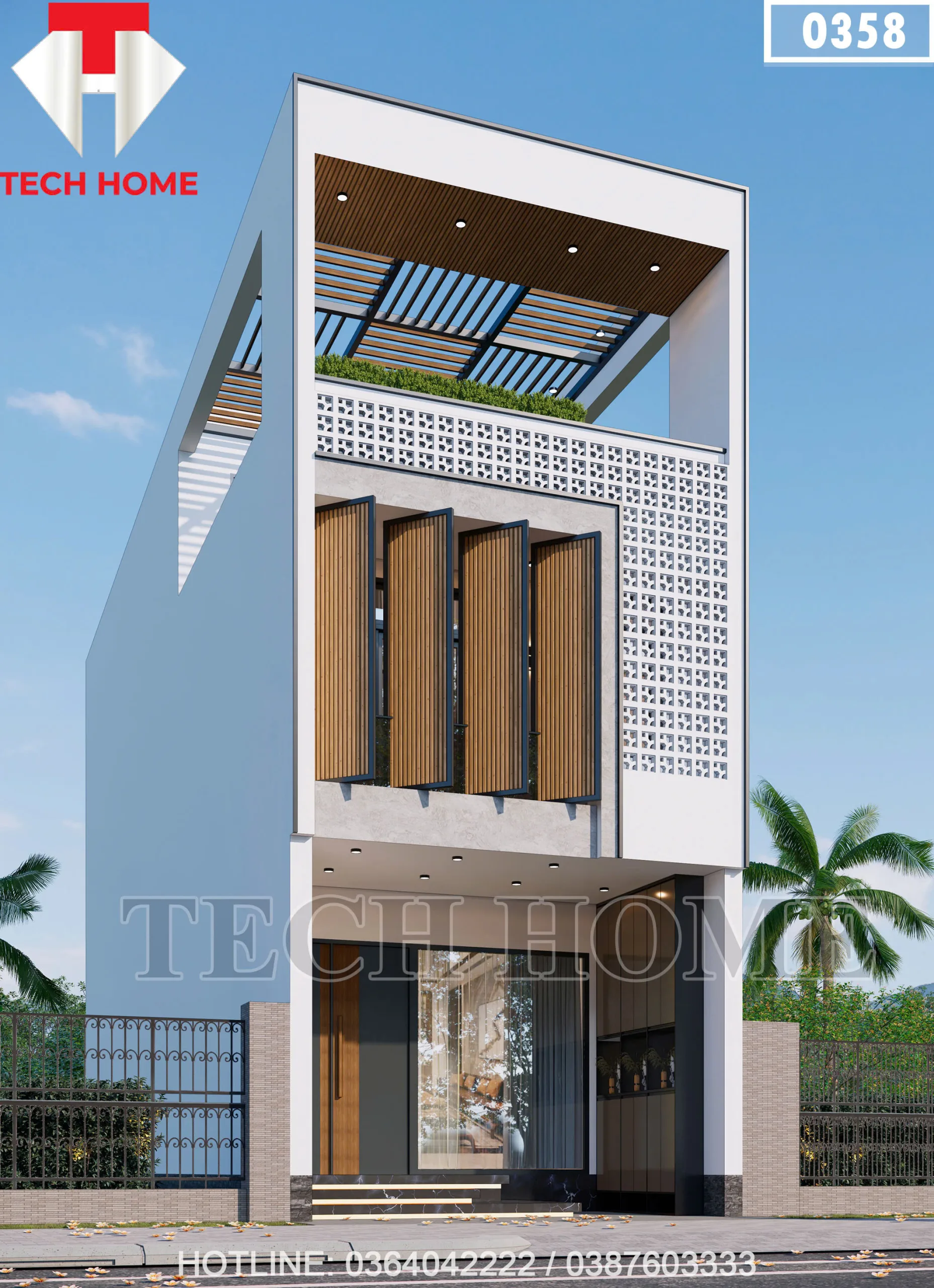 Góc nghiêng kiến trúc mảng khối của mẫu nhà ống 3 tầng mái bằng hiện đại lô phố mặt tiền 5m.