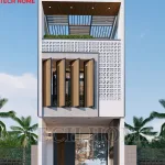 Phối cảnh mặt tiền chính diện mẫu nhà ống 3 tầng mái bằng hiện đại kết hợp gạch thông gió lộng lẫy tại Hưng Yên.
