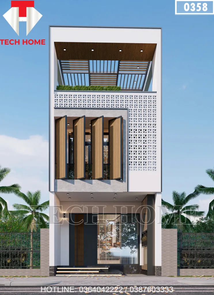 Phối cảnh mặt tiền chính diện mẫu nhà ống 3 tầng mái bằng hiện đại kết hợp gạch thông gió lộng lẫy tại Hưng Yên.