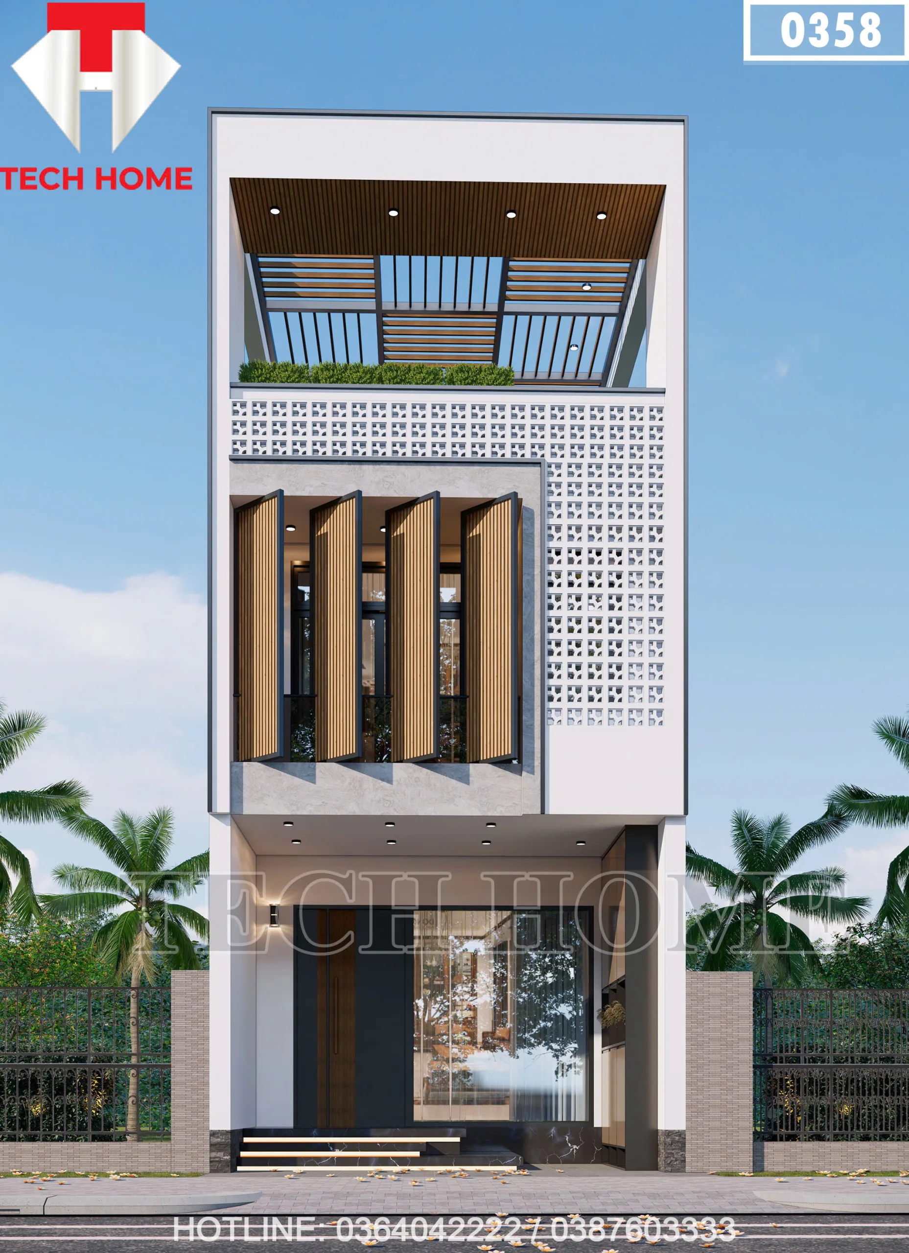 Phối cảnh mặt tiền chính diện mẫu nhà ống 3 tầng mái bằng hiện đại kết hợp gạch thông gió lộng lẫy tại Hưng Yên.