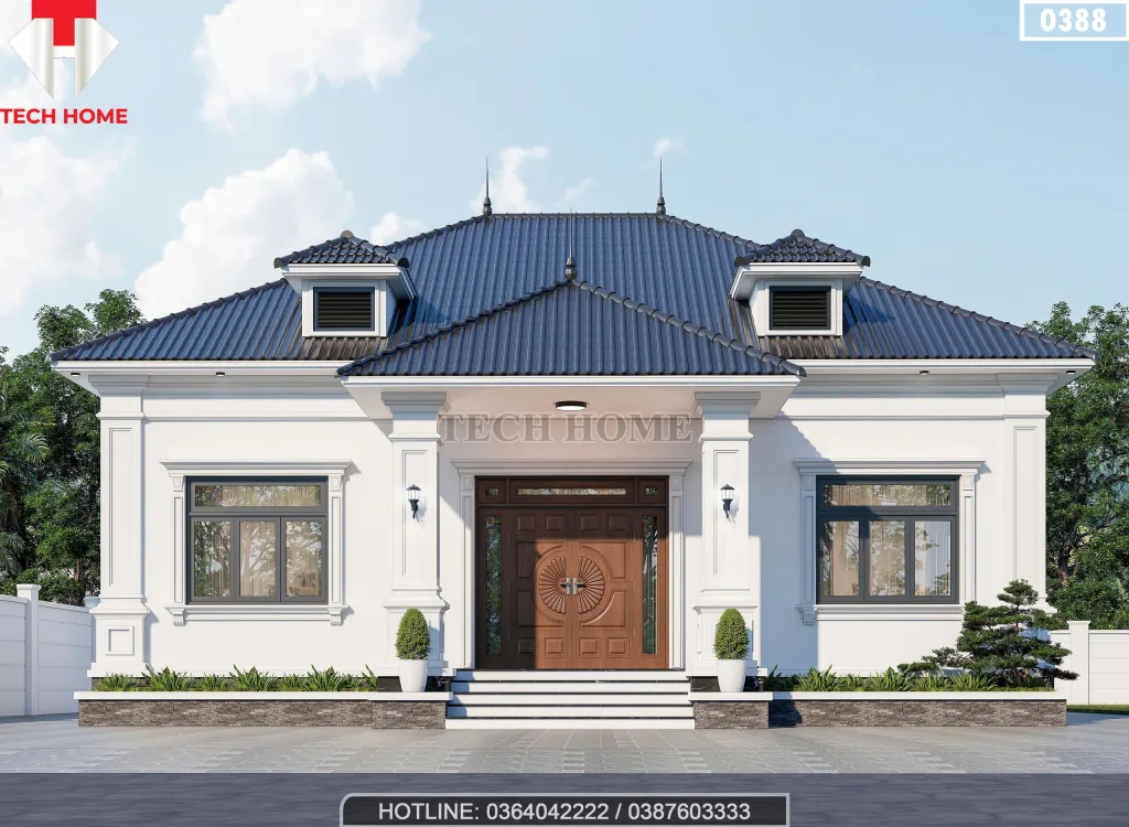 Phối cảnh mặt tiền chính diện mẫu nhà mái nhật 1 tầng đẹp mã 0388 của gia đình chú Nghĩa tại Thanh Hóa.