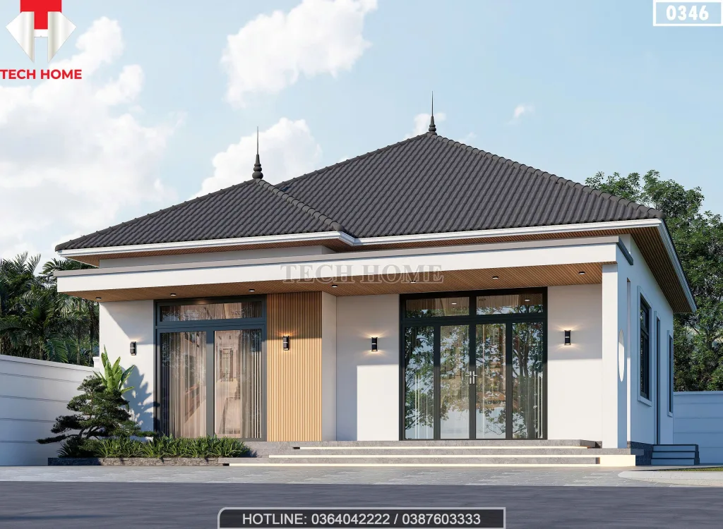 Phối cảnh góc nghiêng bên phải mẫu nhà cấp 4 mái nhật đẹp thể hiện hệ bậc ngũ cấp và cửa nhôm kính cao cấp.