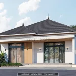 Phối cảnh góc nghiêng bên phải mẫu nhà cấp 4 mái nhật đẹp thể hiện hệ bậc ngũ cấp và cửa nhôm kính cao cấp.