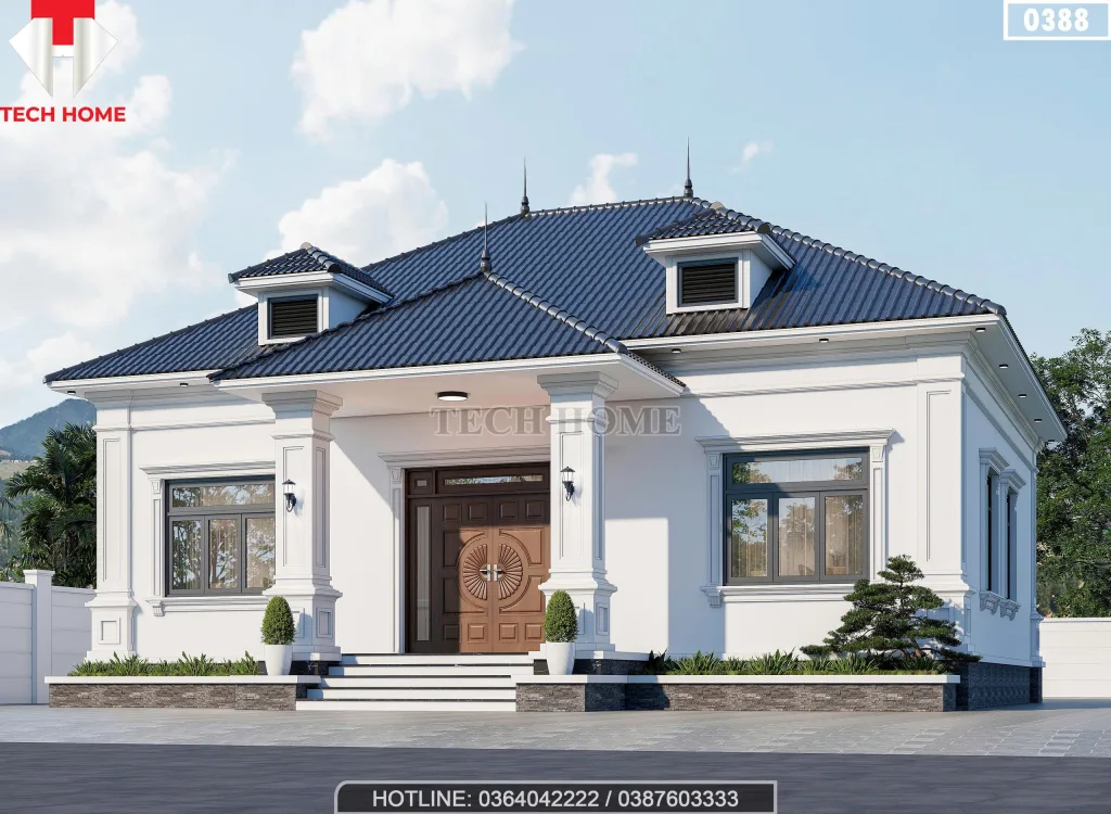 Phối cảnh góc nghiêng sảnh chính căn nhà mái nhật 1 tầng đẹp sơn màu trắng sứ hiện đại.