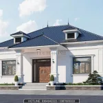 Phối cảnh góc nghiêng sảnh chính căn nhà mái nhật 1 tầng đẹp sơn màu trắng sứ hiện đại.