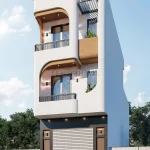 Phối cảnh góc nghiêng mẫu nhà ống 3 tầng hiện đại kiến trúc bo góc độc đáo.