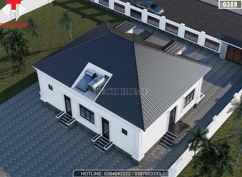 Thiết kế mặt sau căn nhà mái nhật 1 tầng đẹp bố trí khu vực lắp đặt téc nước kỹ thuật.