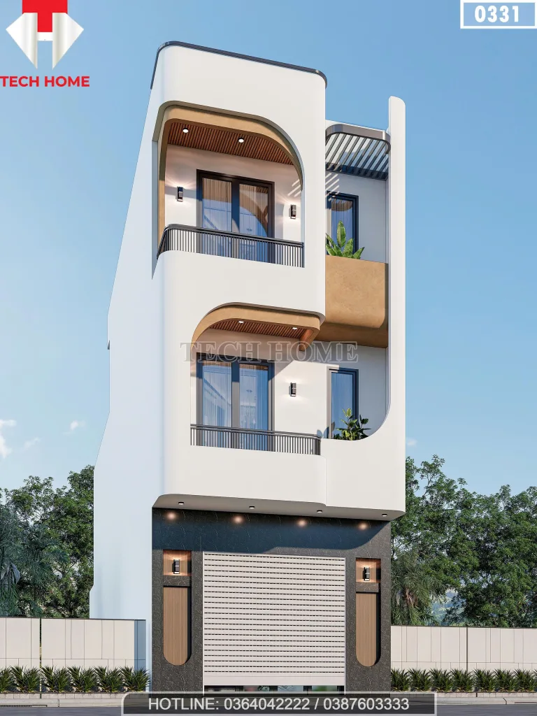 Thiết kế ngoại thất mẫu nhà ống 3 tầng hiện đại với hệ thống cửa kính lớn tối ưu ánh sáng.
