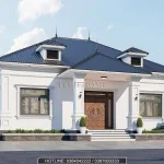 Ngoại thất lối đi sảnh phụ bên hông căn nhà mái nhật 1 tầng đẹp thông thoáng kết nối sân vườn rộng.