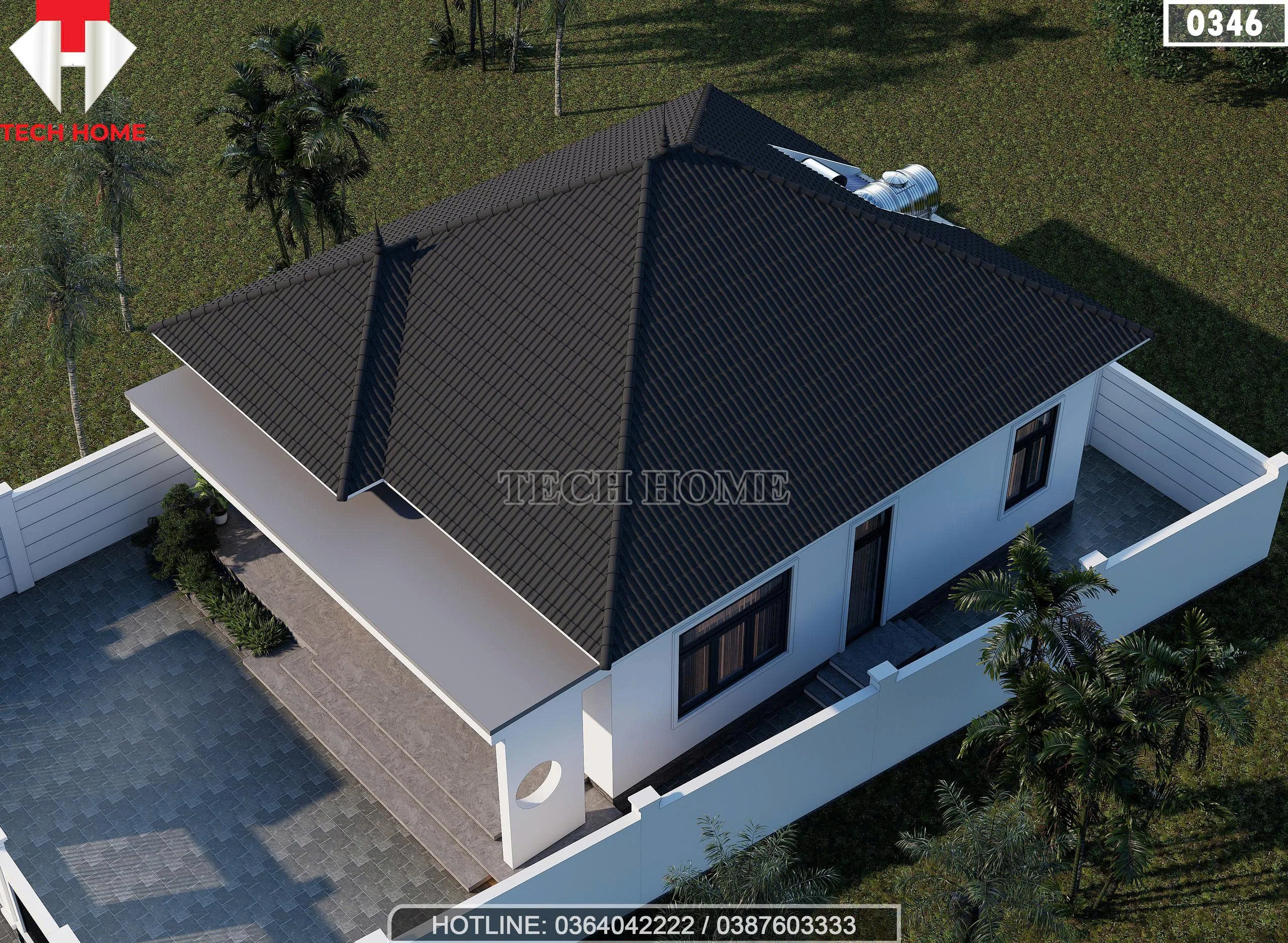 Toàn cảnh từ trên cao nhìn xuống mẫu nhà cấp 4 mái nhật đẹp lợp ngói màu ghi đen sang trọng kiên cố.