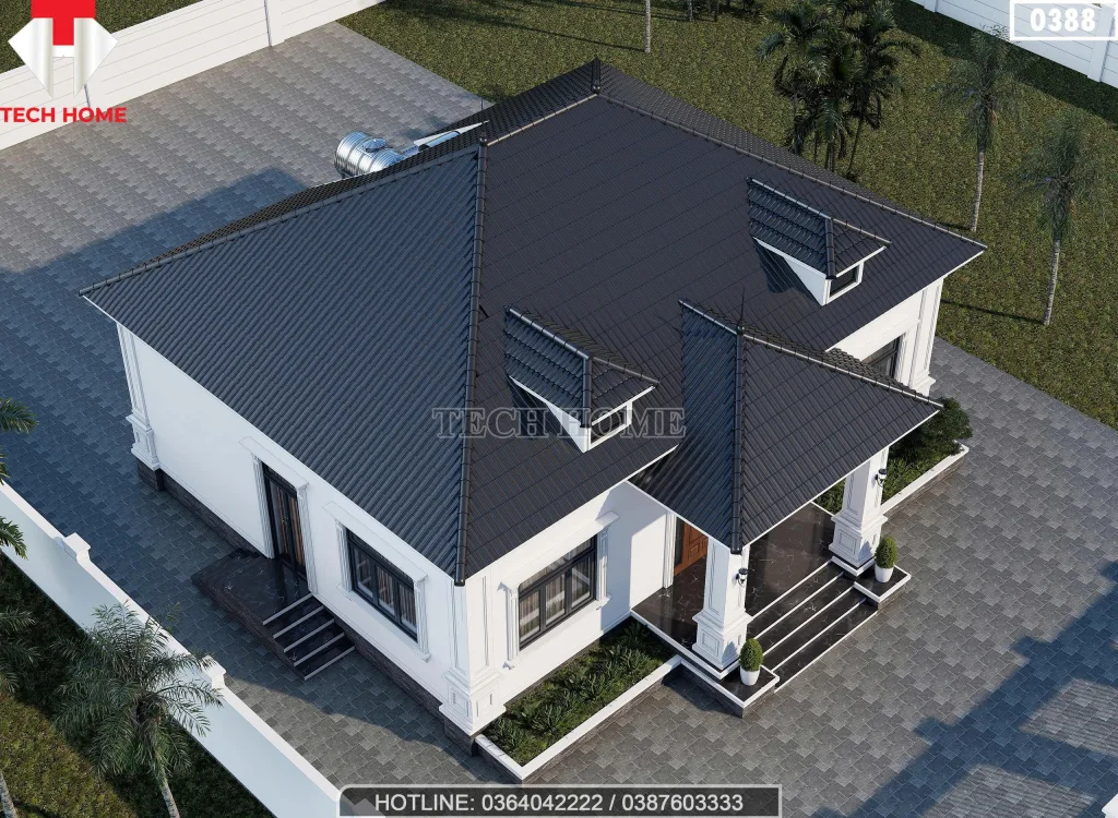 Tổng thể từ trên cao nhìn xuống mẫu nhà mái nhật 1 tầng đẹp lợp ngói sóng màu xanh than sang trọng.