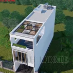 Góc nhìn từ trên cao tổng thể hệ mái bằng và khoảng sân thượng xanh mẫu nhà ống 3 tầng mái bằng hiện đại.