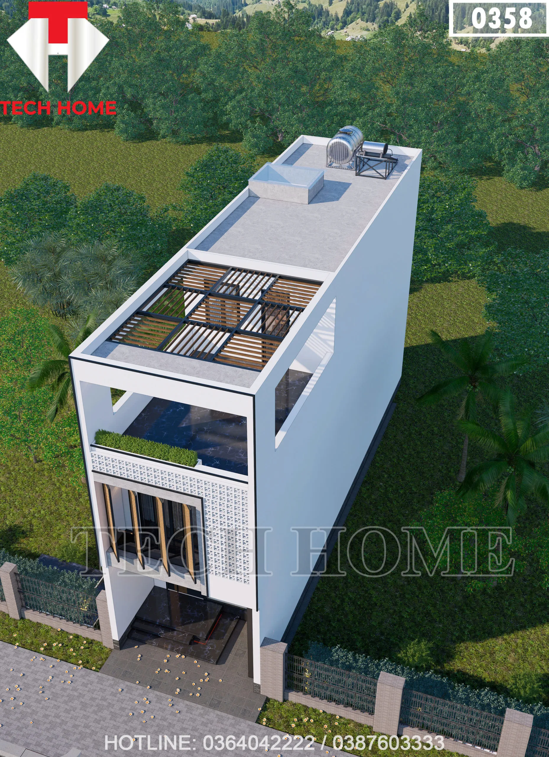 Góc nhìn từ trên cao tổng thể hệ mái bằng và khoảng sân thượng xanh mẫu nhà ống 3 tầng mái bằng hiện đại.