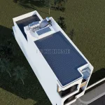 Góc nhìn từ trên cao mẫu nhà ống 3 tầng hiện đại mái bằng kết hợp hệ thống năng lượng mặt trời.