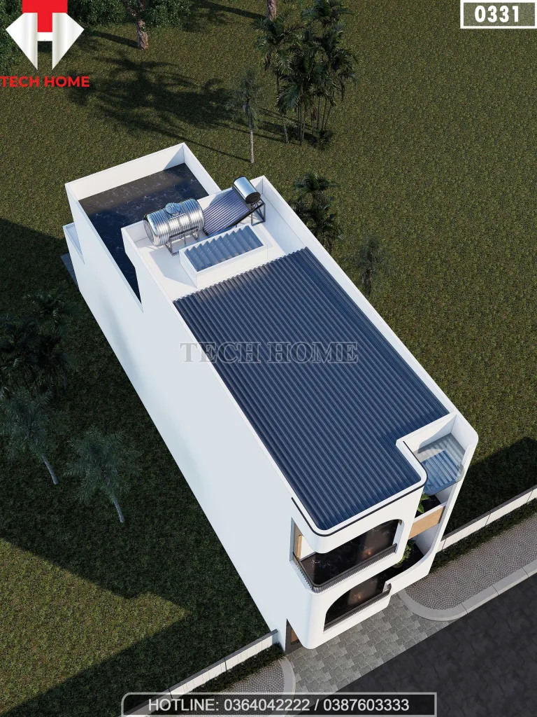 Góc nhìn từ trên cao mẫu nhà ống 3 tầng hiện đại mái bằng kết hợp hệ thống năng lượng mặt trời.