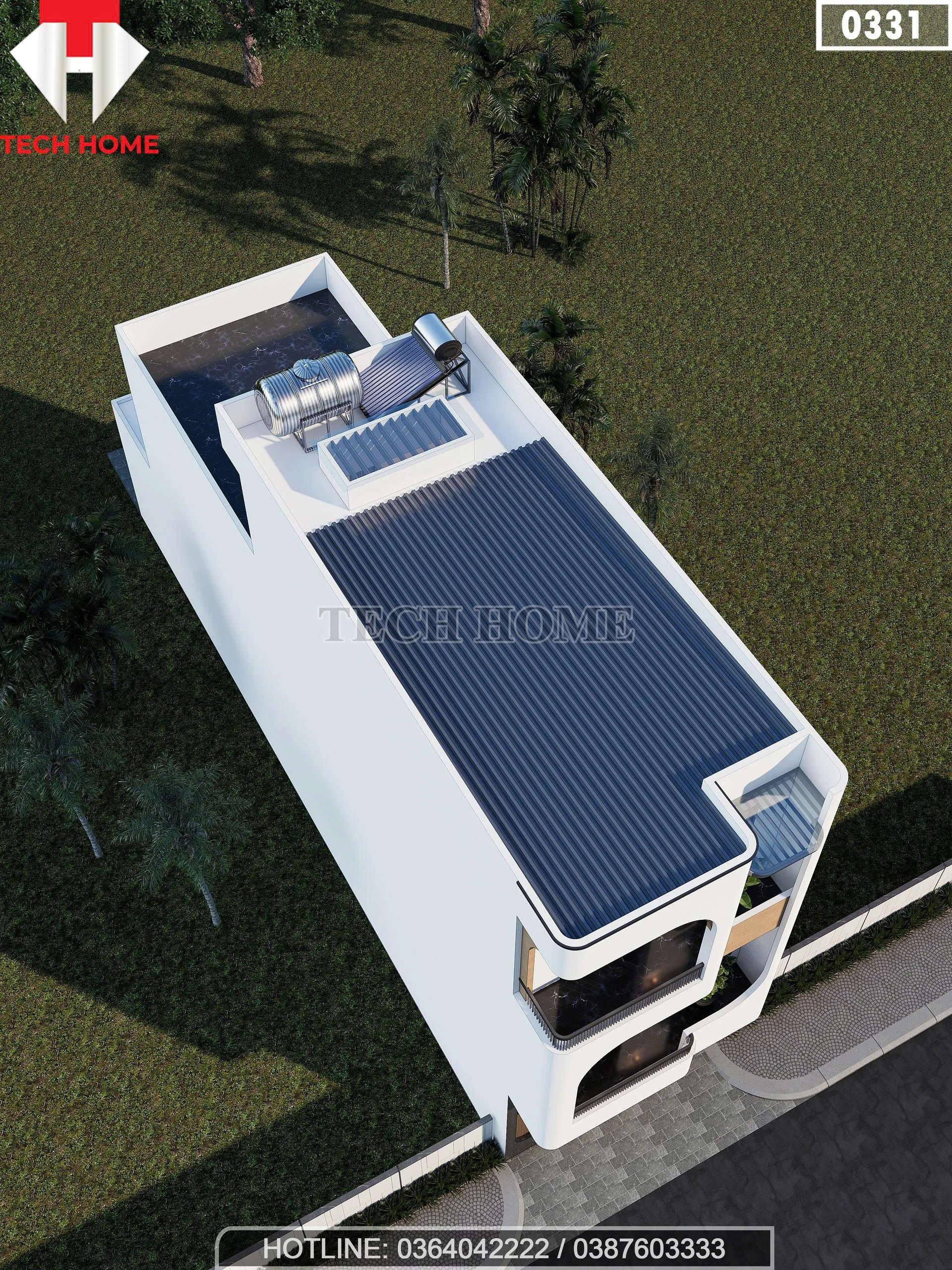 Góc nhìn từ trên cao mẫu nhà ống 3 tầng hiện đại mái bằng kết hợp hệ thống năng lượng mặt trời.